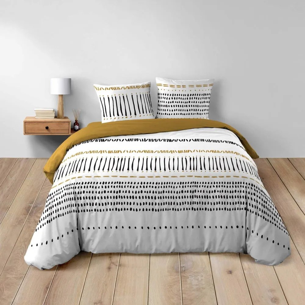 Mustársárga-fehér kétszemélyes-hosszabbított pamut ágyneműhuzat 240x220 cm Chicago – douceur d'intérieur