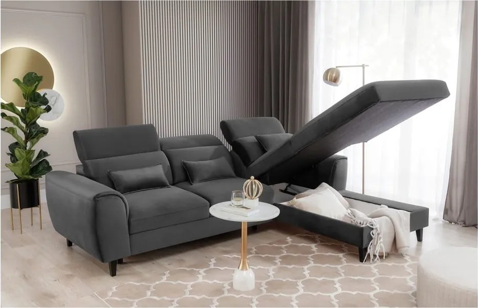 Sötétszürke bársony kinyitható-tárolóhelyes sarokkanapé (jobb oldali-heverő résszel) Foble – ELTAP