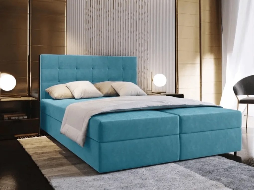 Kárpitozott boxspring ágy GLORIEN VELVET 140x200 cm kék Matrac: Bonell rugós matrac
