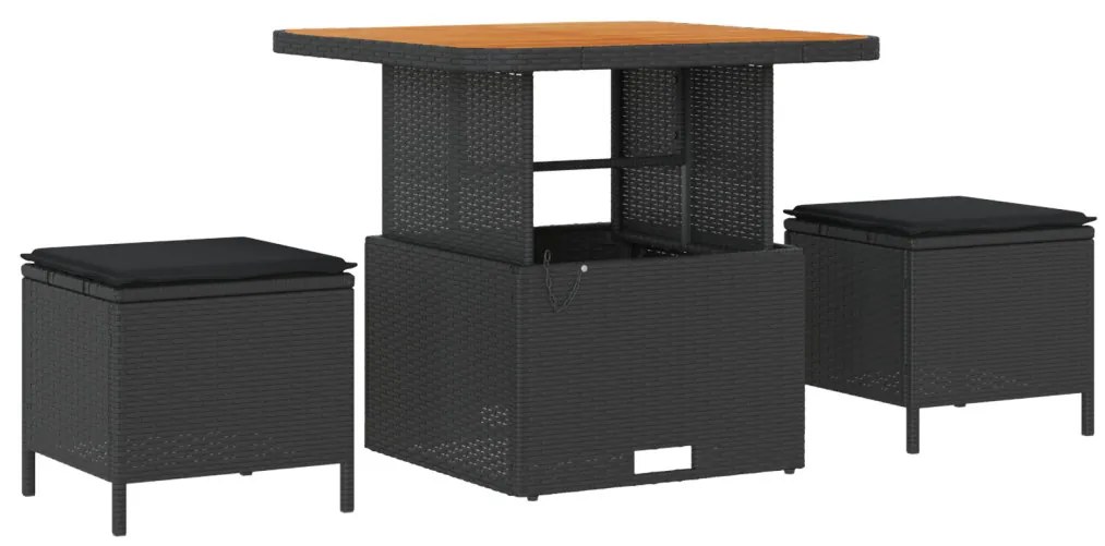 10 részes Kert Szófa Készlet Párnákkal Fekete Poli Rattan Akác, 3 részes Kert Étkező Készlet Párnákkal Fekete Poli Rattan Akác
