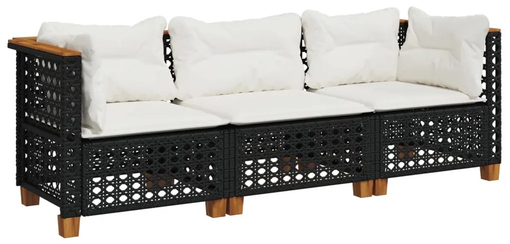 Fekete 3 személyes polyrattan kerti kanapé párnákkal