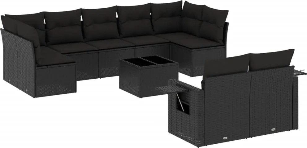 vidaXL 10 részes fekete polyrattan kerti ülőgarnitúra párnákkal