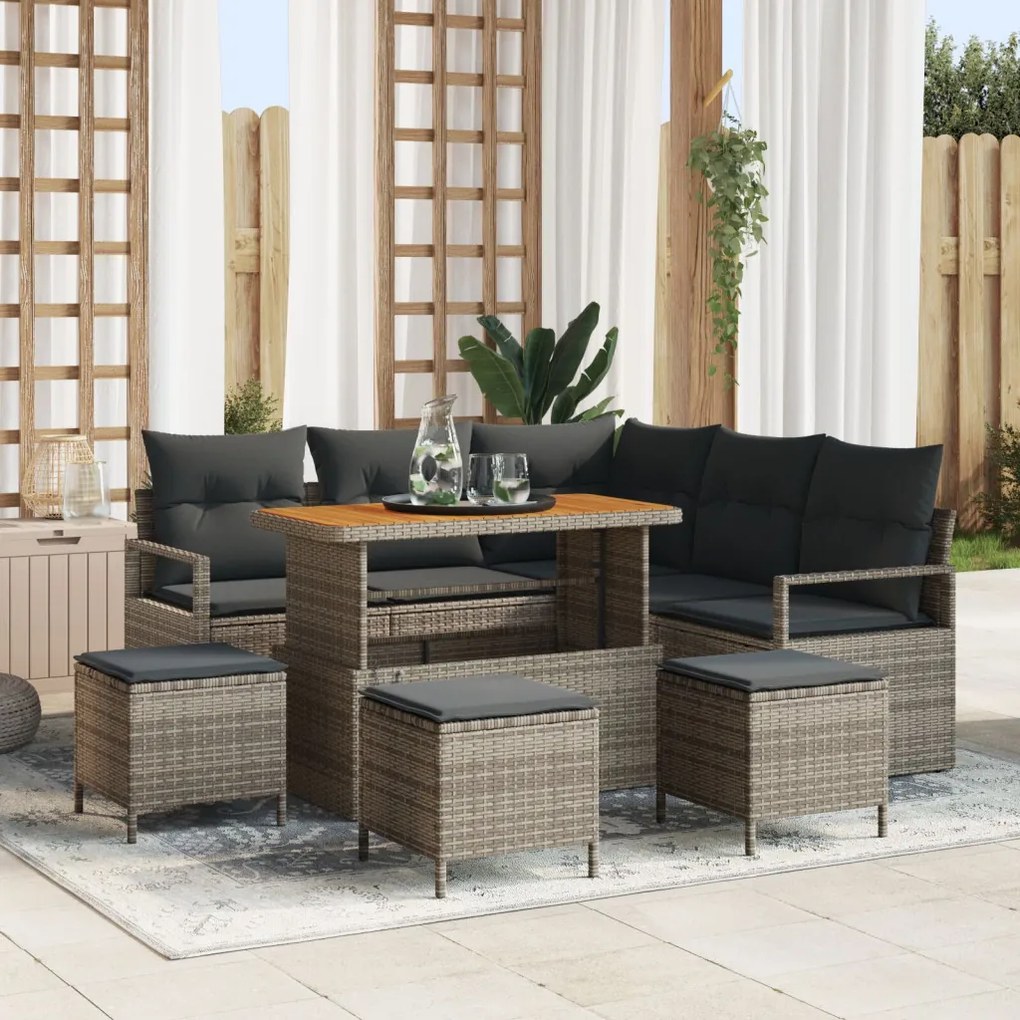 8 részes kerti kanapé szett párnákkal, szürke poly rattan akáciából, 2 fős kerti kanapé párnákkal, szürke poly rattan, 3 részes kerti étkező szett párnákkal, szürke poly rattan akáciából