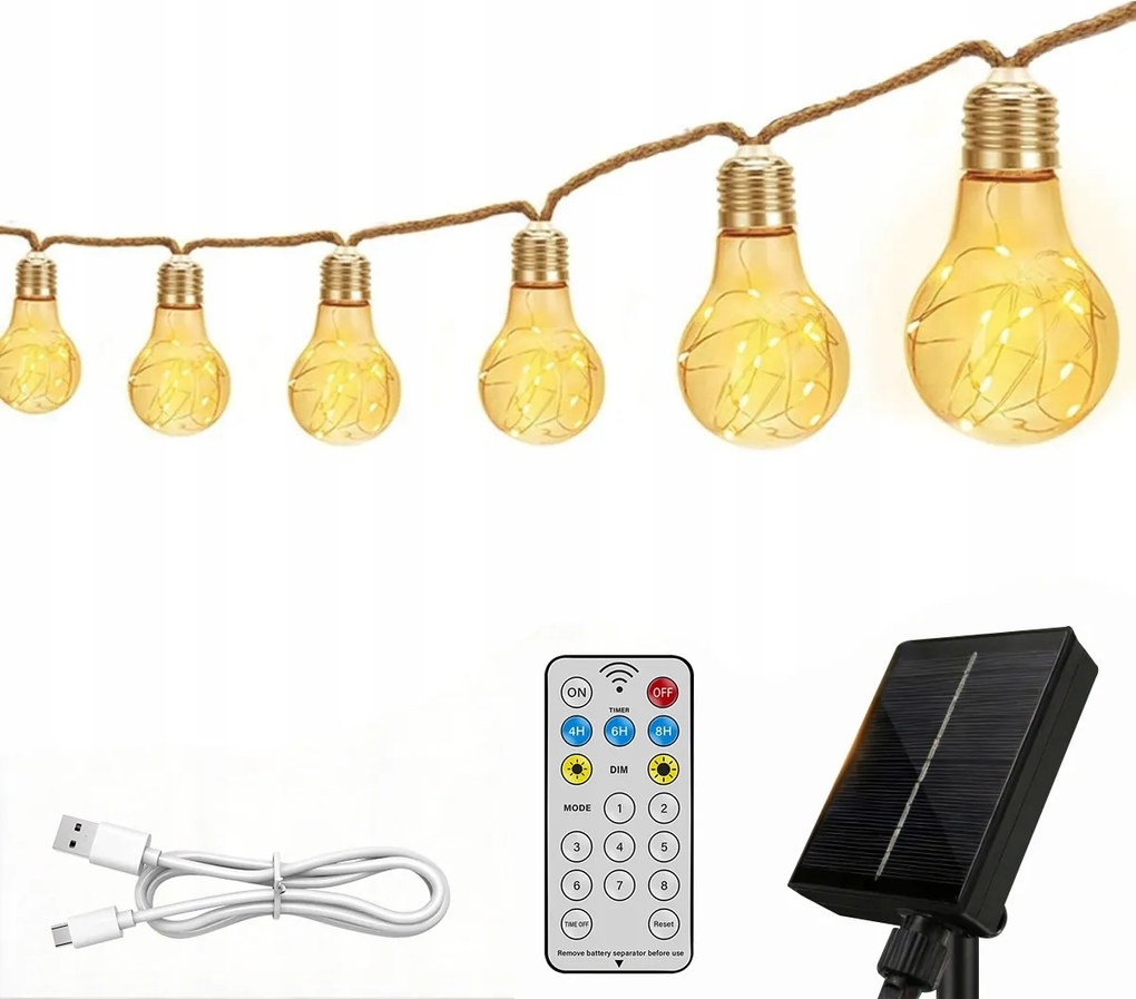 Erős és Robusztus Napelemes Füzér 20 Led izzós kerti lámpa 12.5M