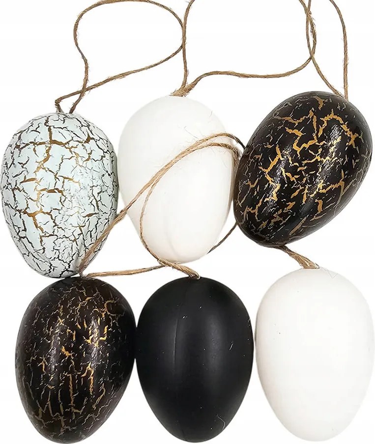 Dekorációs Tojás 4x6cm medálok 6db fehér, fekete repedésekkel