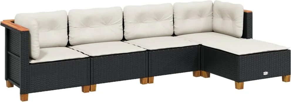 vidaXL 5 részes fekete polyrattan kerti kanapészett párnákkal