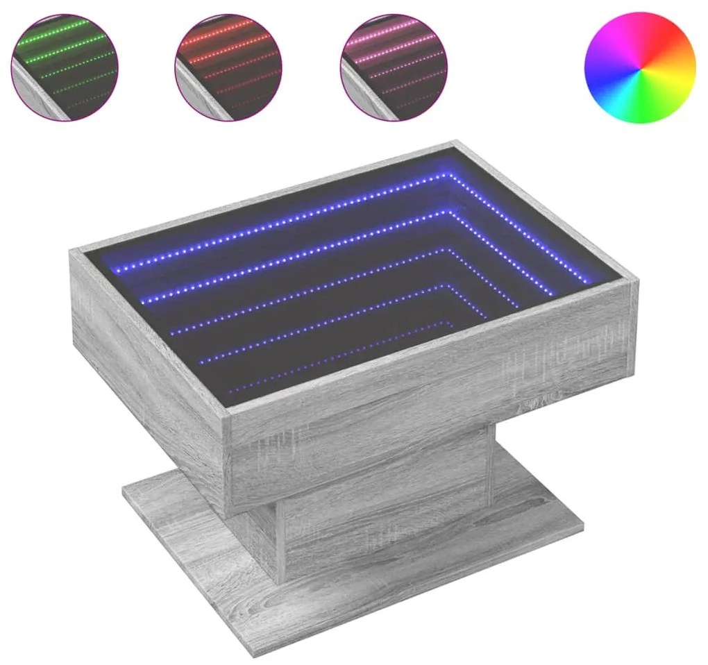 Szürke sonoma szerelt fa dohányzóasztal LED-del 70 x 50 x 45 cm
