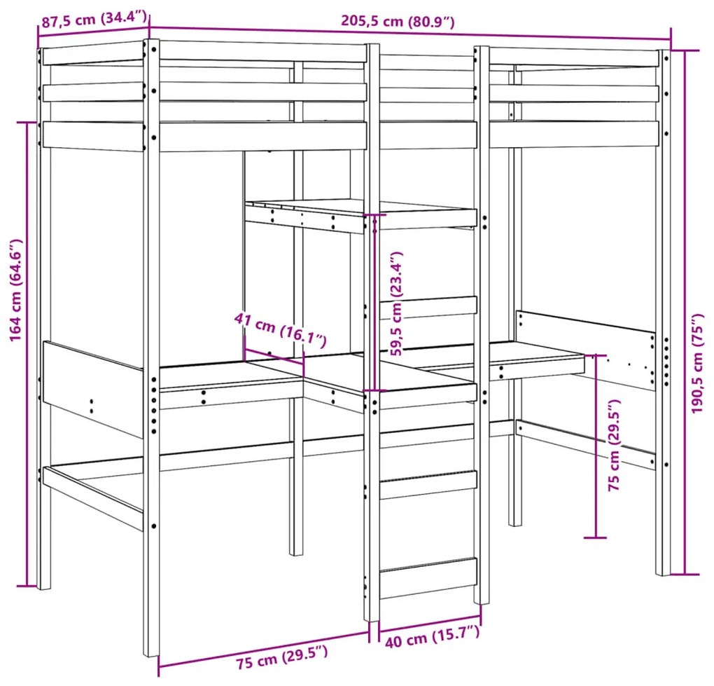 fehér tömör fenyő galériaágy-keret matrac nélkül 80 x 200 cm