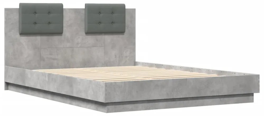 betonszürke ágykeret fejtámlával és LED-világítással 150x200 cm