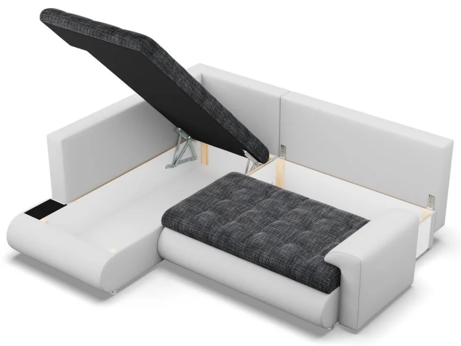 Tokio sarokkanapé, L alakú háttámlával, 2 ágyneműtartóval, fonott + műbőr, baloldali, sötétszürke - fehér
