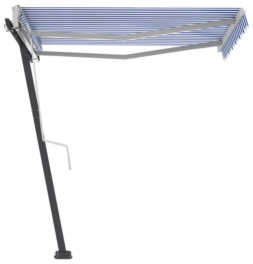 kék és fehér kézzel kihúzható póznás napellenző 350 x 250 cm
