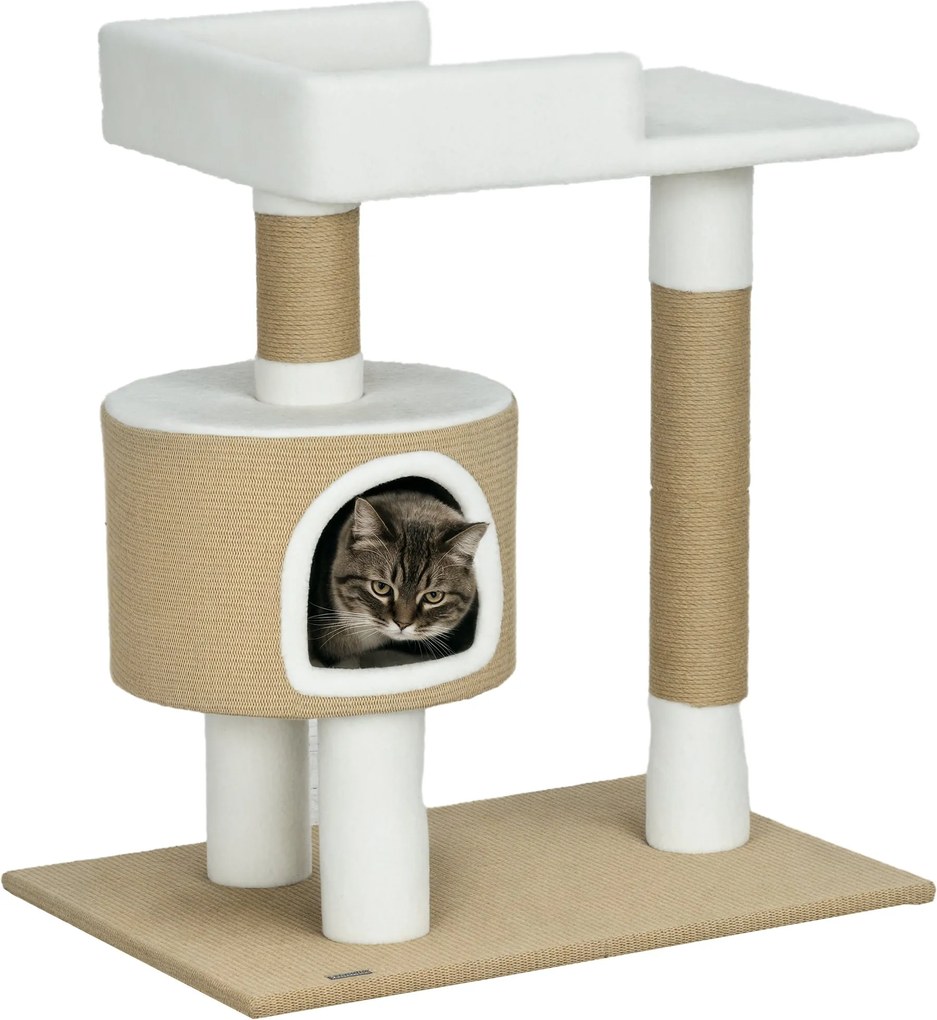 PawHut Macska Fakad 79 cm Kicsi Macska Fakad Macska Bújóval, Karcoló Oszloppal és Fekvőfelülettel, Kendermászás Macskáknak 8 kg-ig, Macska Bútor, Barn
