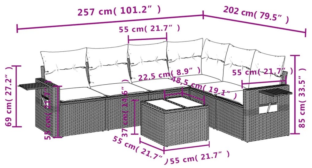 7 részes bézs polyrattan kerti ülőgarnitúra párnákkal