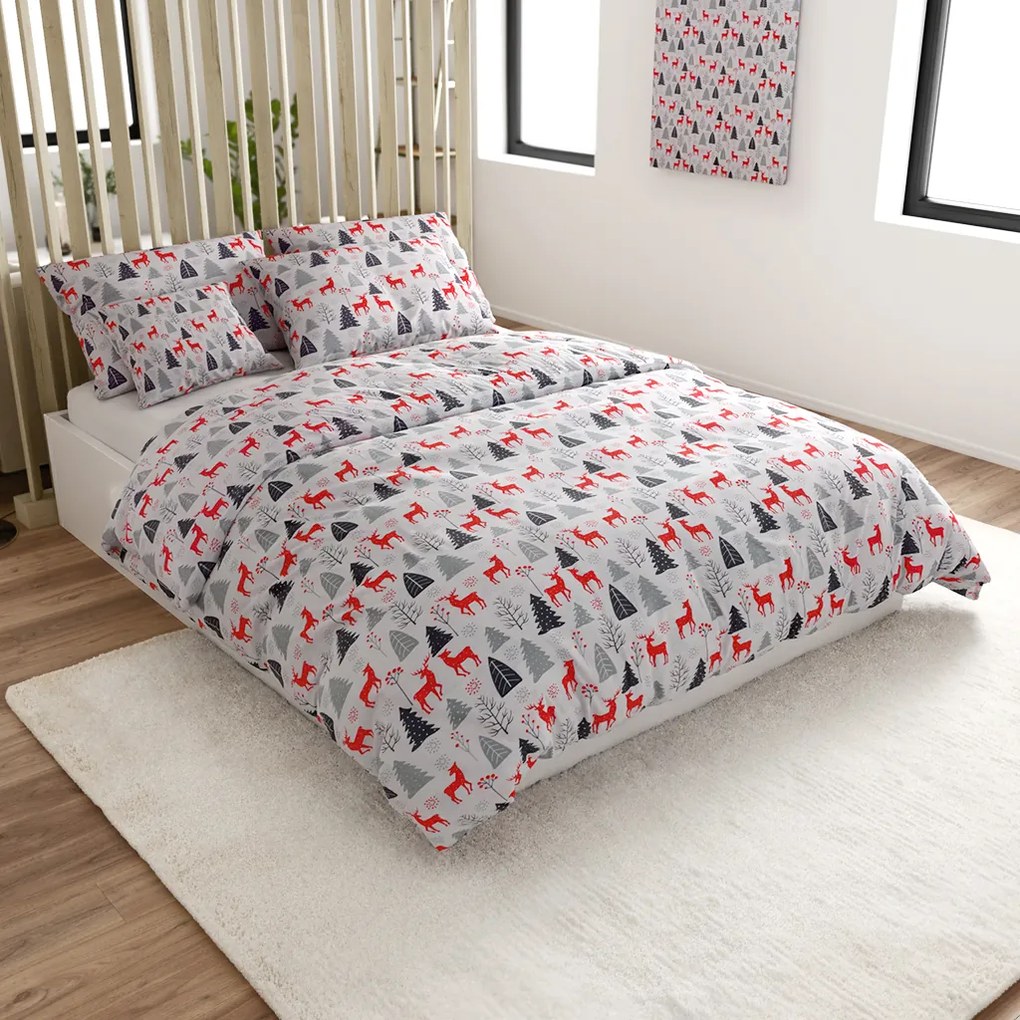 Flanel ágynemű RED DEERS AND TREES fehér Ágyneműhuzat mérete: 2 db 70 x 90 cm | 200 x 220 cm