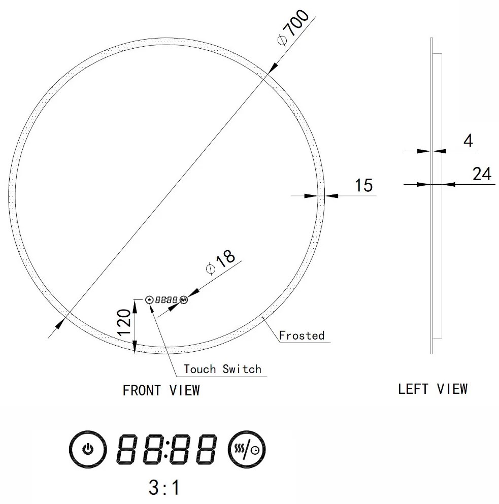 Kerek Led tükör Ø70cm Welland Alpha | Páramentesítő - Óra - Fényerő + színhőfok állítás