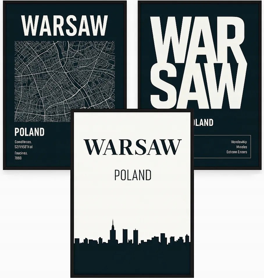 Poszter szett Varsó Térkép Panoráma Fekete-fehér Loft Grafikák Keretekkel
