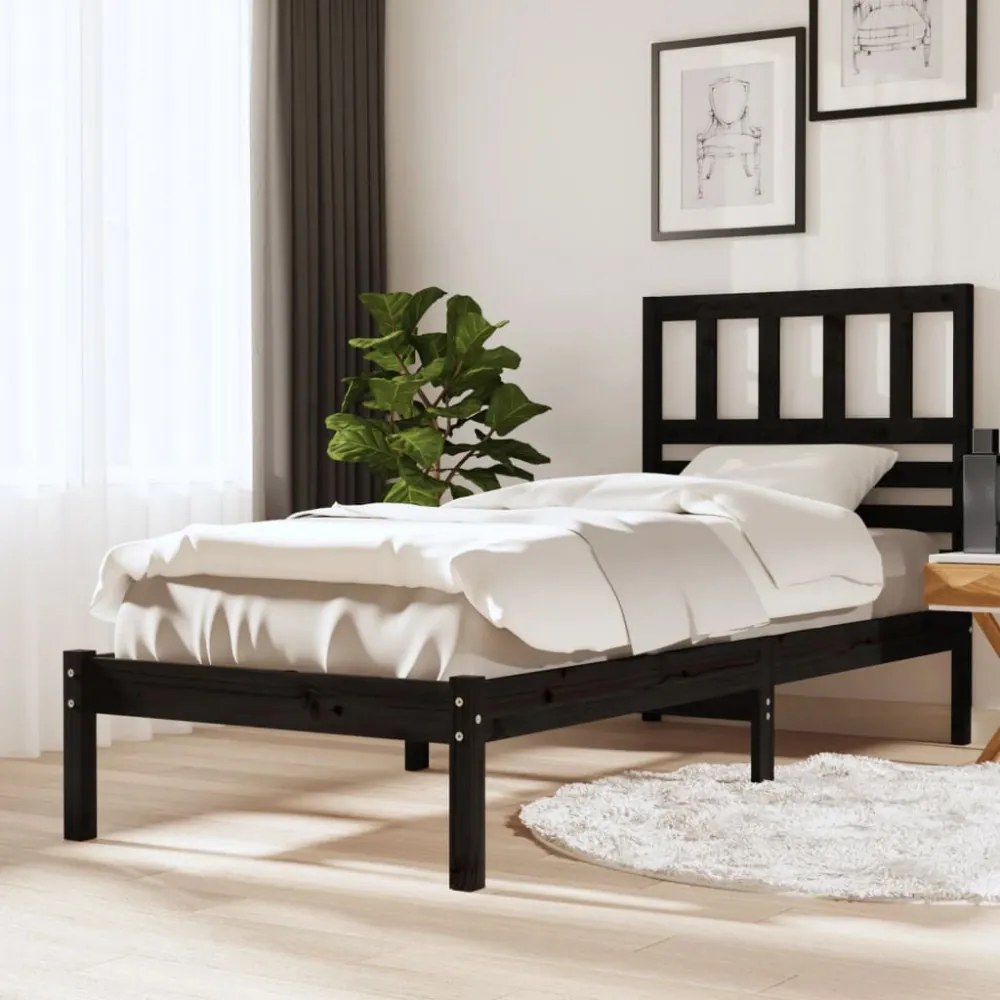 fekete tömör fenyőfa ágykeret 100 x 200 cm