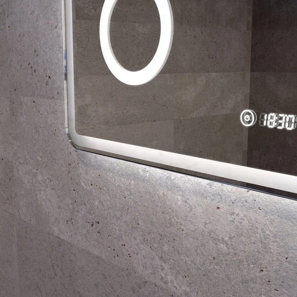 Fürdőszobai LED tükör 90x70cm | Páramentesítő - Kozmetikai tükör - Fényerő + színhőfok állítás - Digitális óra | Welland Luxury-Line G796