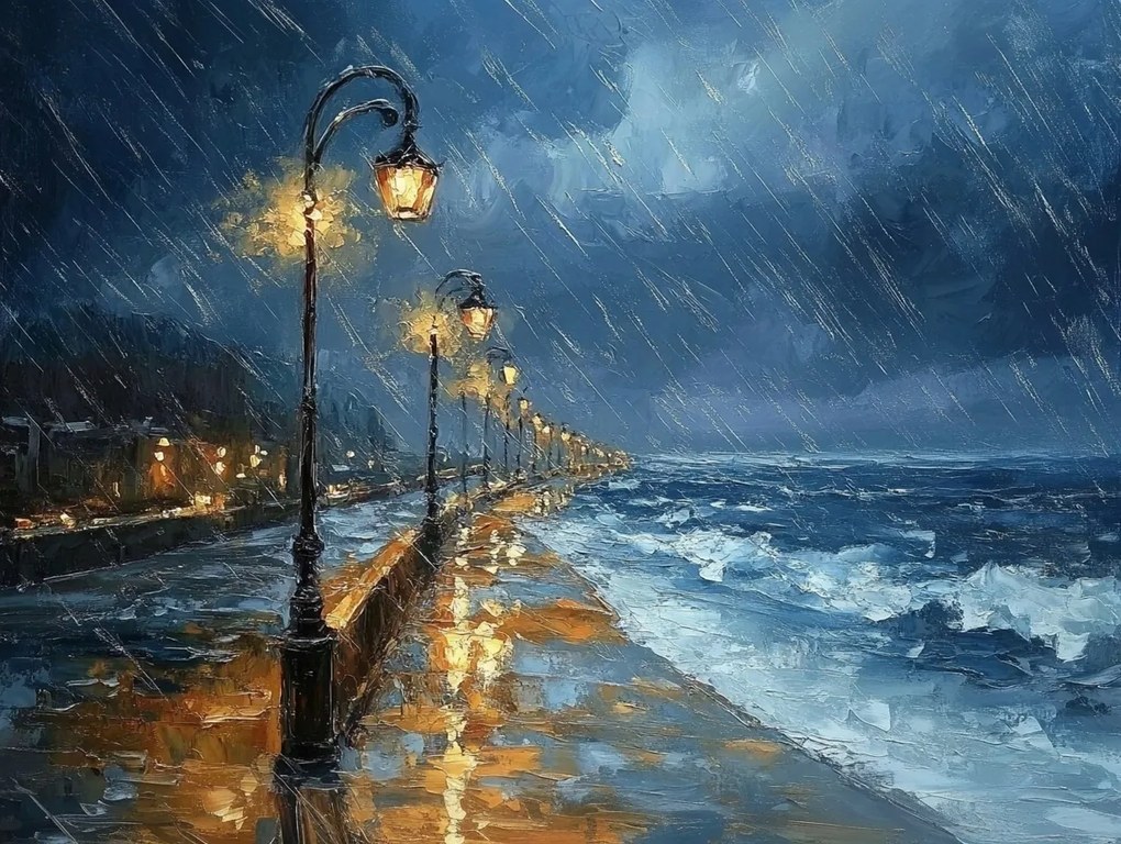 Vászonkép Canvas Tenger Tengerpart Sétány Eső Vihar Hullámok Éjszaka 100x75