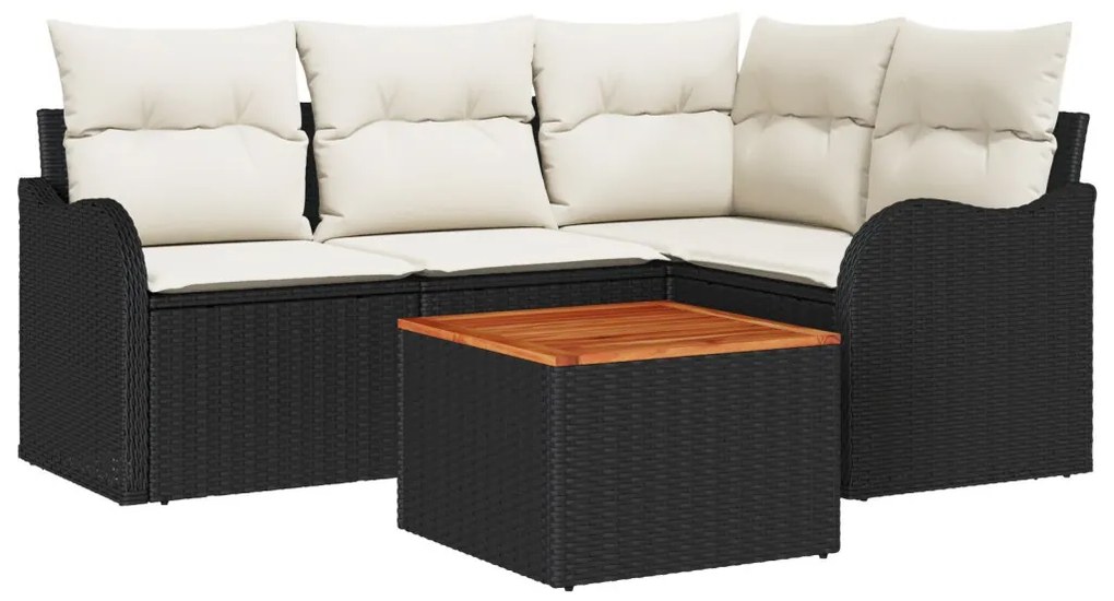 5 Darabos Kerti Sofa Készlet Párnákkal Fekete Poli Rattan Akác, 2-Fős Kerti Sofa Tárolóval&amp;Párnákkal Fekete Poli Rattan