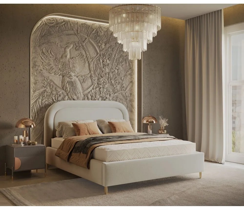 Krémszínű kárpitozott ágyneműtartós franciaágy ágyráccsal 140x200 cm Mija – Maison de Rêve