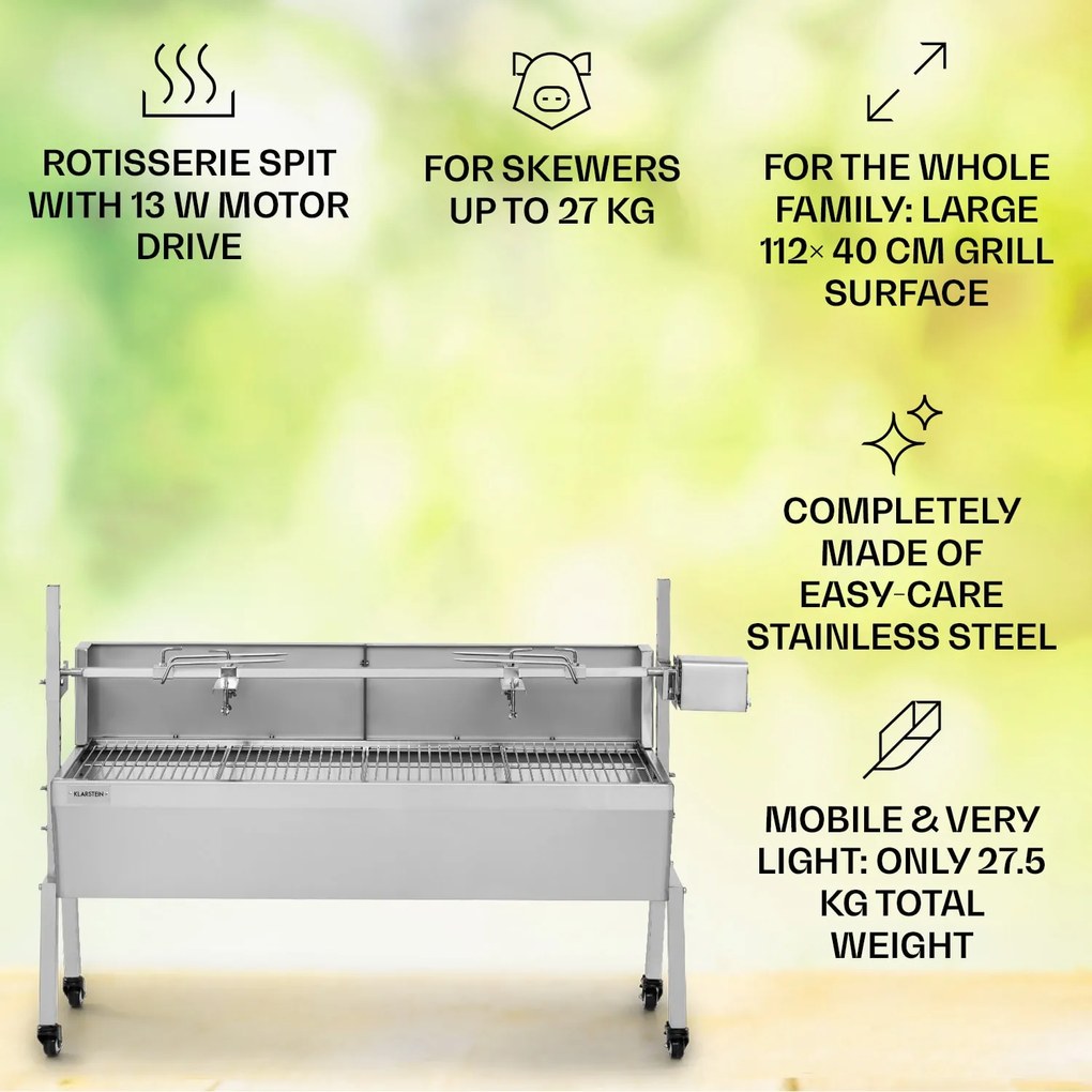 Sauenland Pro, malacsütő grill, forgó nyárs, 13 W, 4 kerék, rozsdamentes acél