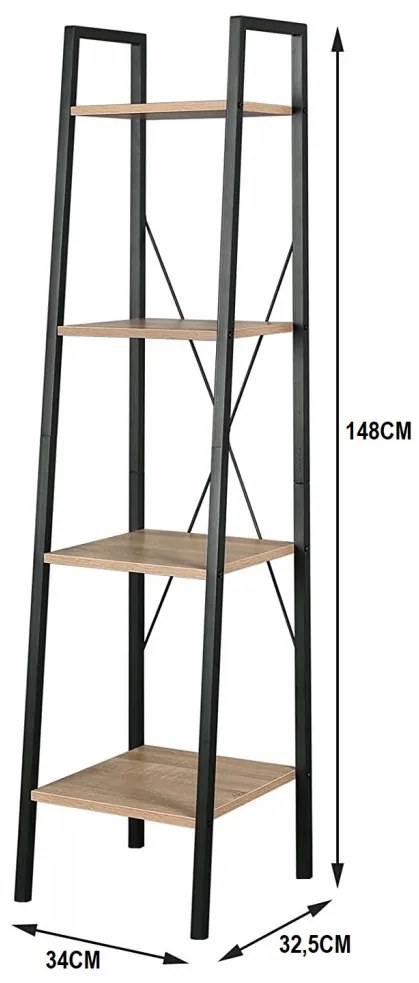 Intenso Home 4 szintes nyitott könyvespolc 34 x 148cm, döntött design, sonoma tölgy | Univerzális tároló állvány fém lábakkal
