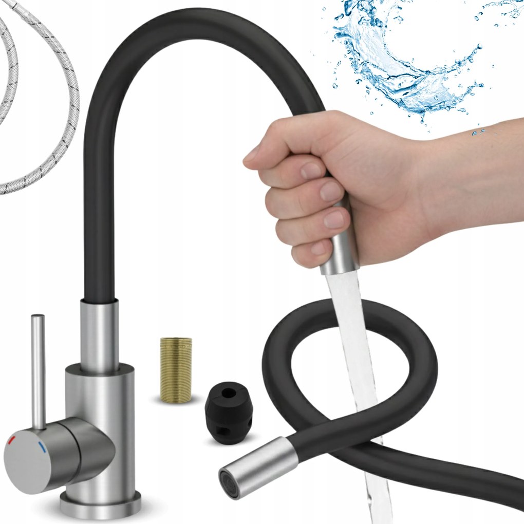 Konyhai Csaptelep rugalmas Cső fekete ezüst Mosogató Csaptelep mosogatótálcához