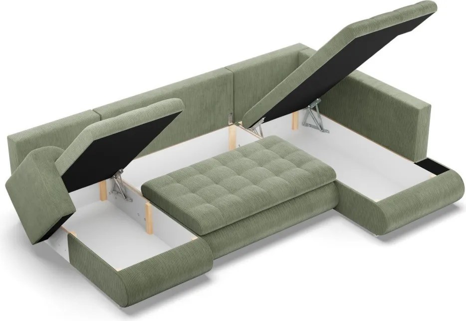 Tokio U sarokkanapé, 3 ágyneműtartóval, kordbársony, jobboldali, zöld