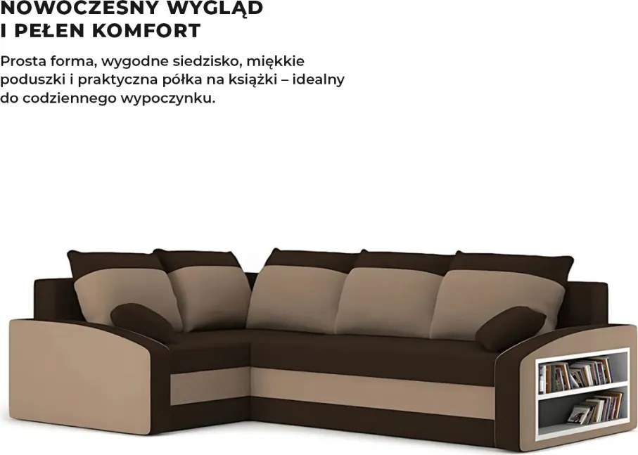 Grande sarokkanapé polcokkal , polc a jobb karfaban, baloldali, szövet anyag, hab töltet, barna