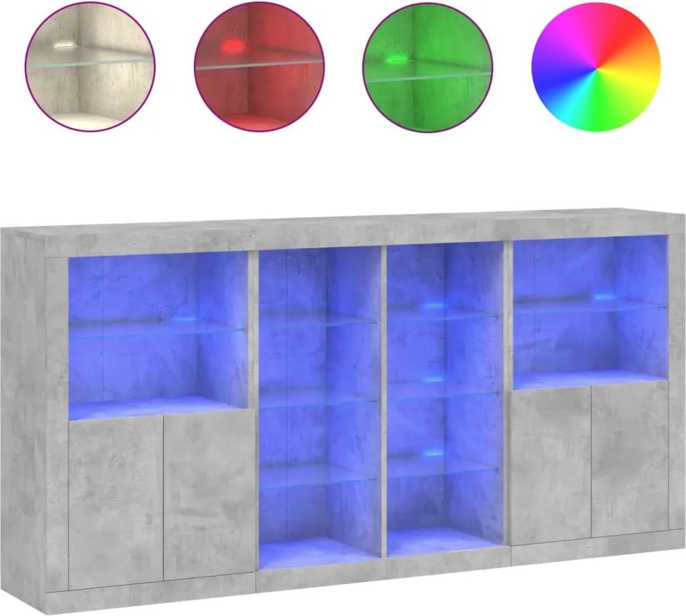 vidaXL betonszürke tálalószekrény LED-világítással 202 x 37 x 100 cm