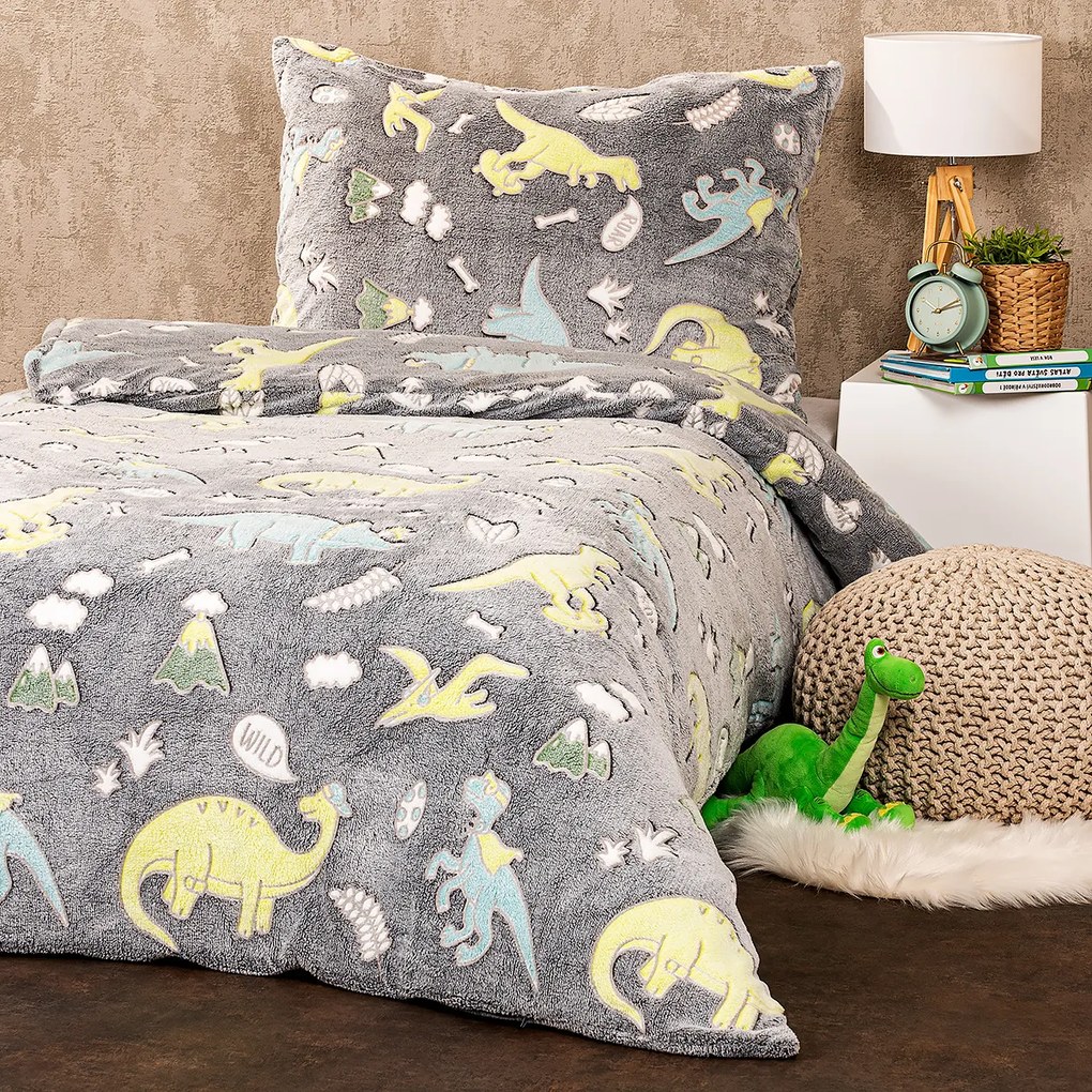 4Home Dino világító mikroflanel ágyneműhuzat, 140 x 200 cm, 70 x 90 cm
