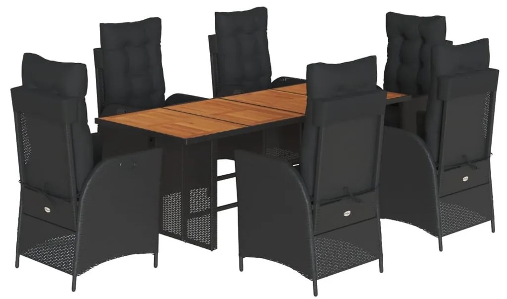 7 részes fekete polyrattan kerti étkezőgarnitúra párnával