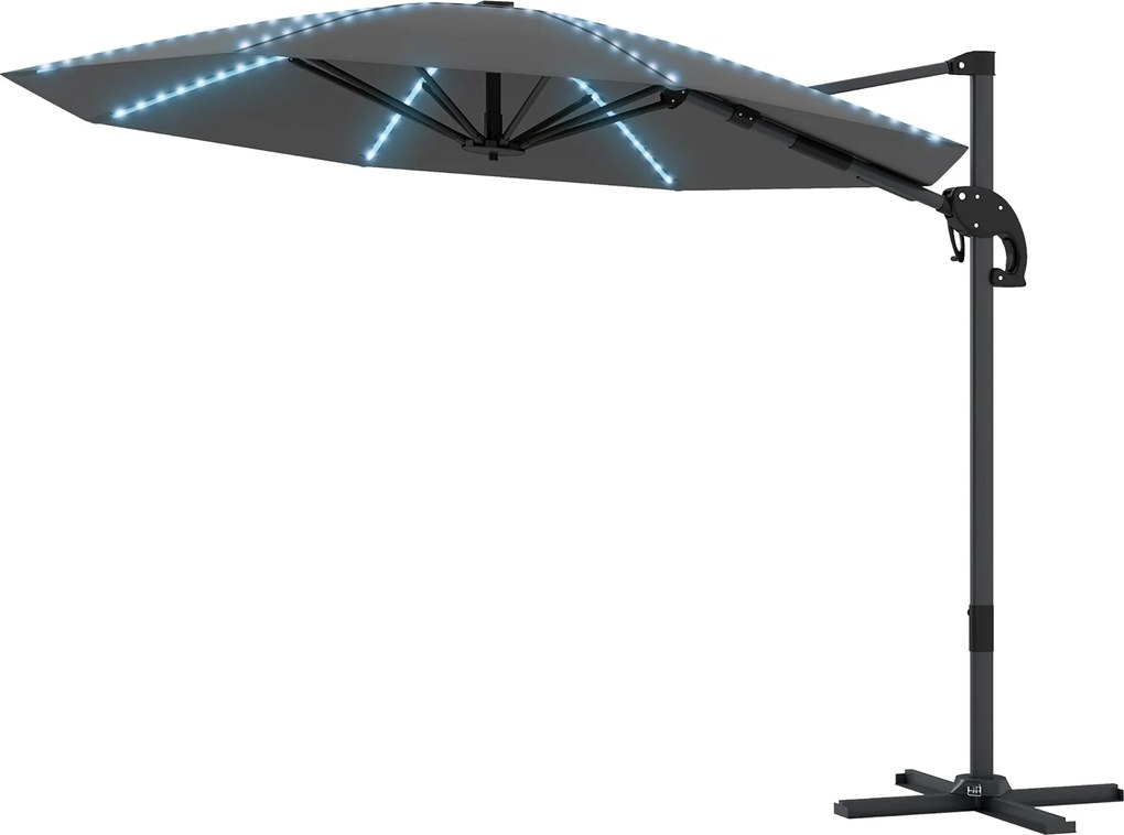 Outsunny Alumínium Napernyő LED Napelemes Ø300cm, Magasságban Állítható Napernyő Kézi Forgató Szerkezettel, UV50+ Vízálló, 360°-ban Forgatható Piac Na