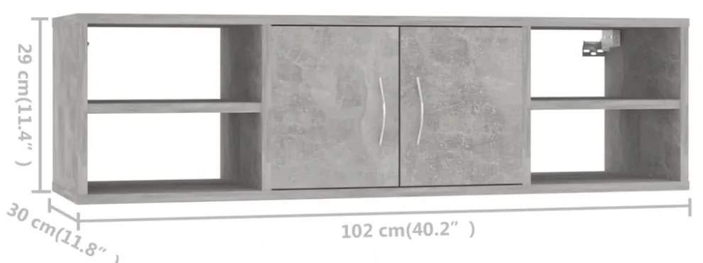 betonszürke szerelt fa fali polc 102 x 30 x 29 cm