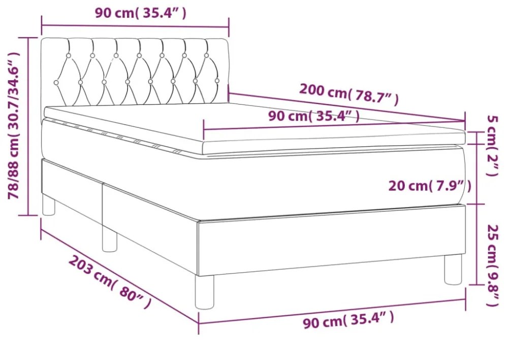 krémszínű szövet rugós és LED-es ágy matraccal 90x200 cm