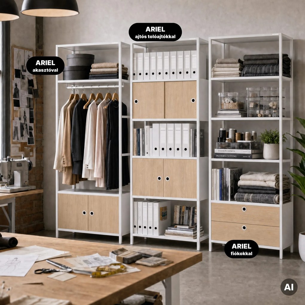 Iratrendező polc zárható szekrénnyel, irodai, nyitott polcok, fém fehér/sonoma tölgy, 800x2200x400 mm: ARIEL Eco Design
