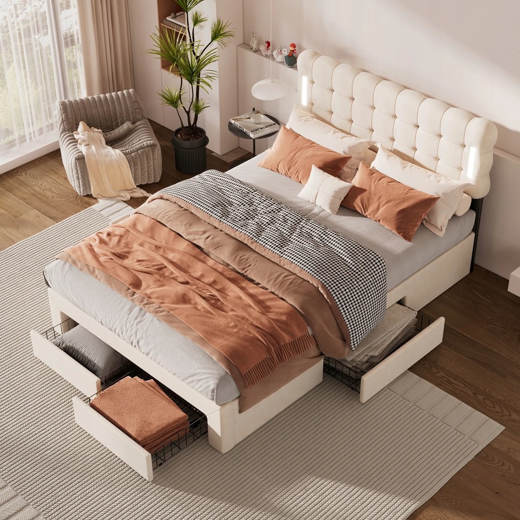 Kárpitozott ágy 140*200cm franciaágy 4 fiókos Led világítás