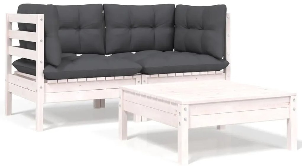 3 részes fehér tömör fenyőfa kerti ülőgarnitúra párnákkal