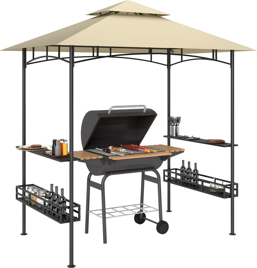 Outsunny Grill Pavilon 240 x 150 x 257 cm Vízálló Tűzálló Kertipavilon Két Rétegű Tetővel, Oldalsó Polcokkal, UV Védelemmel Ellátott Kerti Napernyő, A