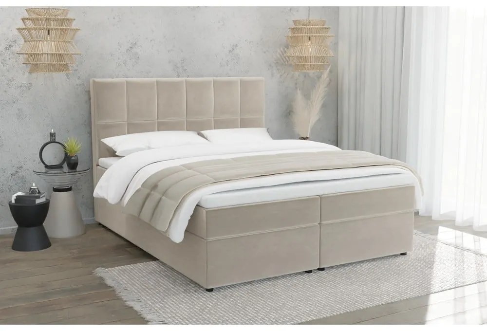 Bézs ágyneműtartós boxspring ágy 200x200 cm Flip – Ropez