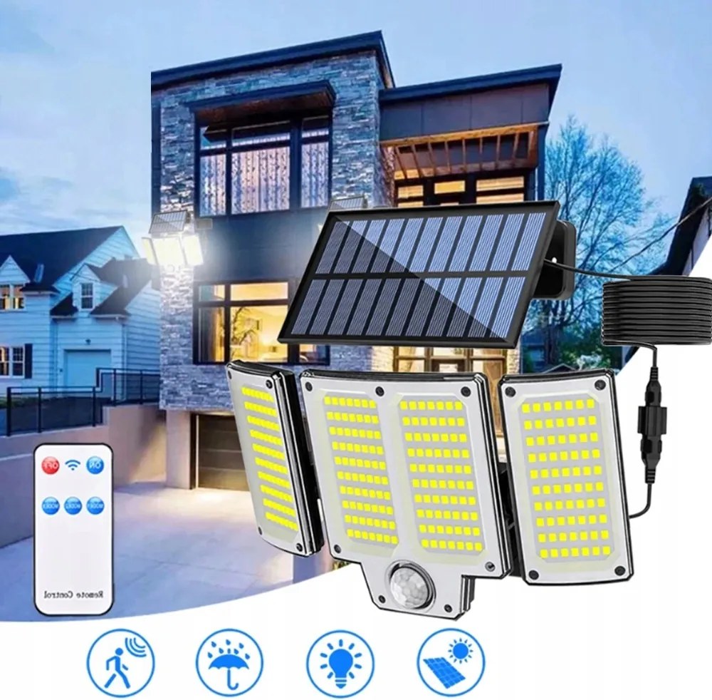 Napelemes Lámpa Halogén Szürkületi Mozgásérzékelő 280 Led Kerti Garázs