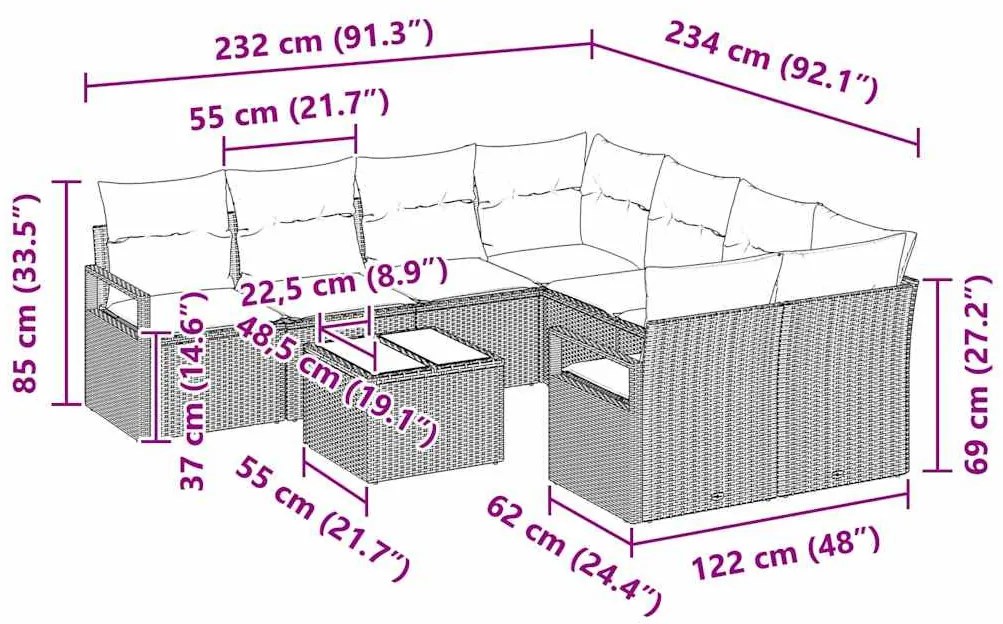 Kerti Kanapé Szett 9 pcs Beige és krém 55 x 55 x 37 cm