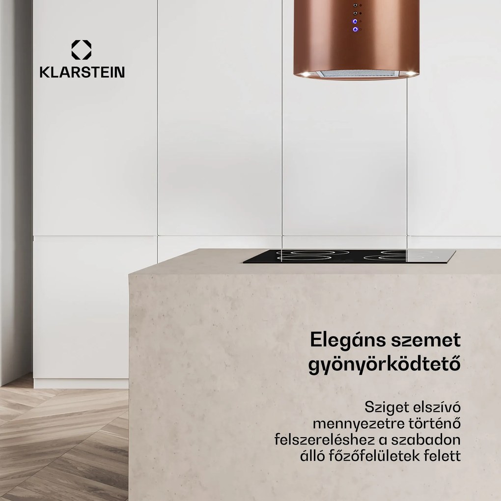 Klarstein Beretta, sziget páraelszívó, Ø 35 cm, légkeringetés, 650 m³/ó, LED, réz