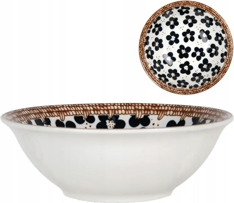 Fekete-fehér tál virágokkal és barna szegéllyel Adam 350 ml
