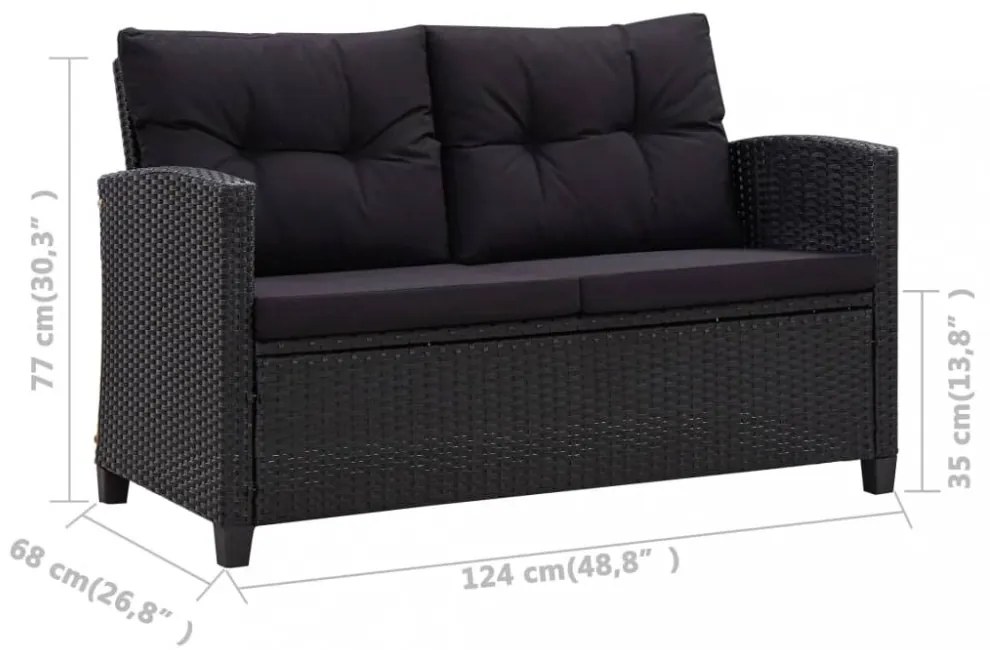 fekete polyrattan kétszemélyes kerti kanapé párnákkal 124 cm