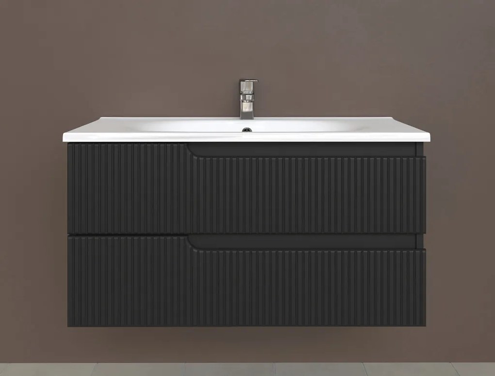 Piramida EURIDIKA fali fürdőszobabútor - műmárvány mosdóval -2 fiókos - PINO FEKETE - 100 x 48 x 53