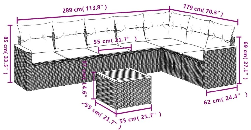 8-részes szürke polyrattan kerti ülőgarnitúra párnákkal