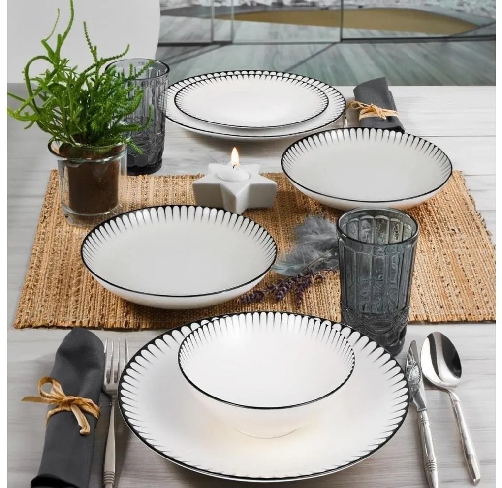 24 részes étkészlet, fehér/fekete, porcelán