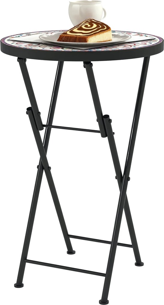 Outsunny Összecsukható Oldaltábla Kerti Asztal Mozaik Mintával, Ø35.5 x 55 cm Kerek Időjárásálló Fém Erkély Asztal, Kemping Asztal, Összecsukható Kávé